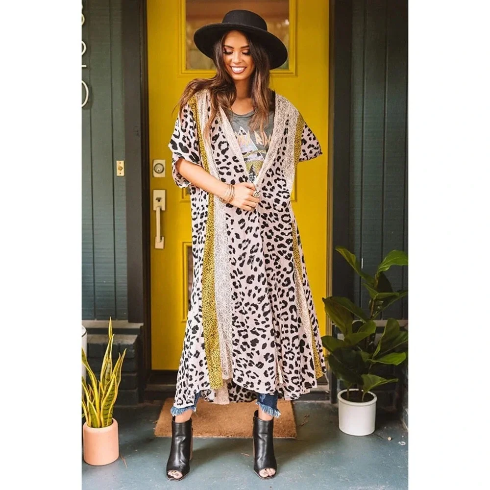 Gigio Boho Animal Print Lagenlook Kimono Cardigan Mesh Duster Plus Size 1XL 1X - Picture 1 of 16